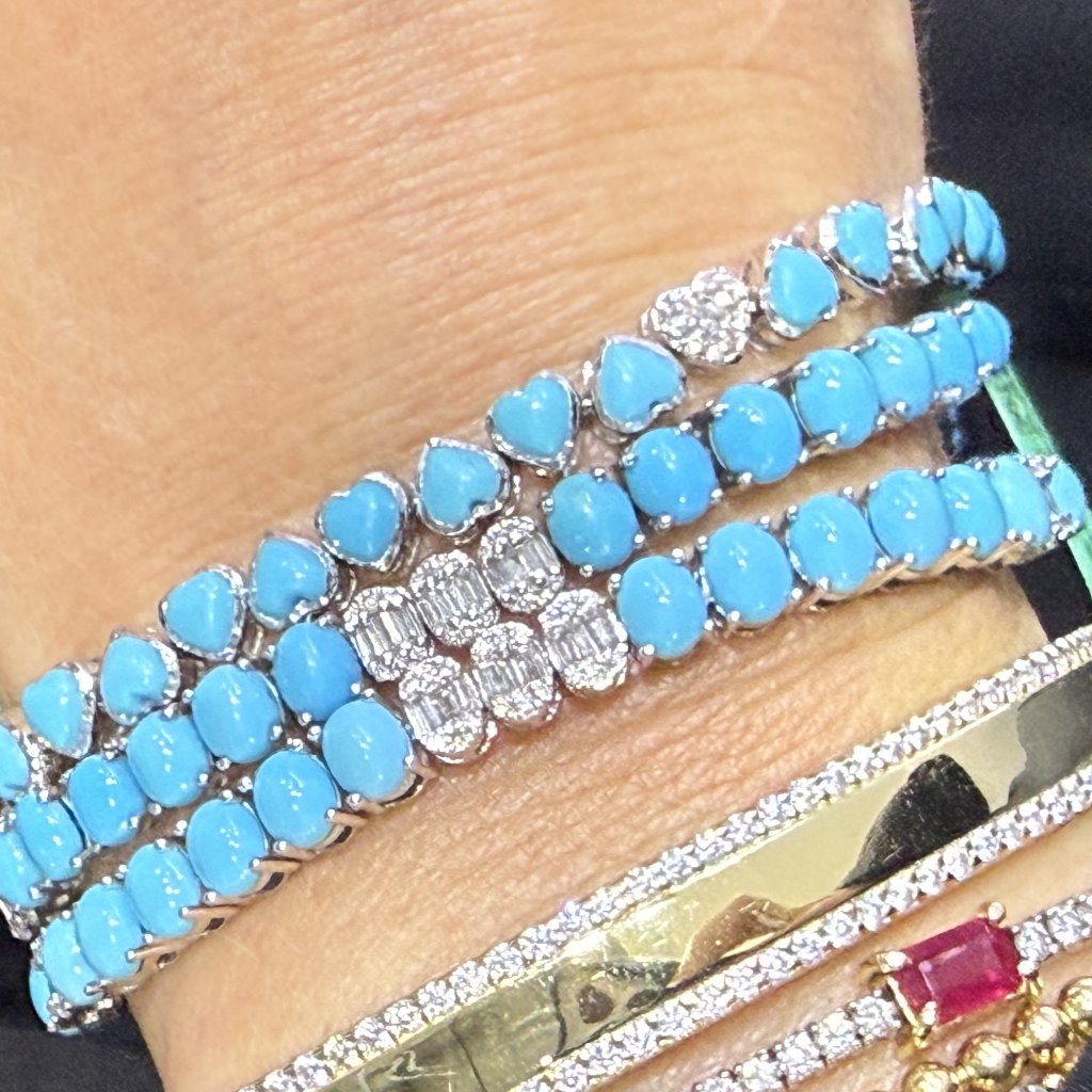 Turquoise Heart & Diamond 14k (Or 18k Upon Request) White Gold Tennis Bracelet